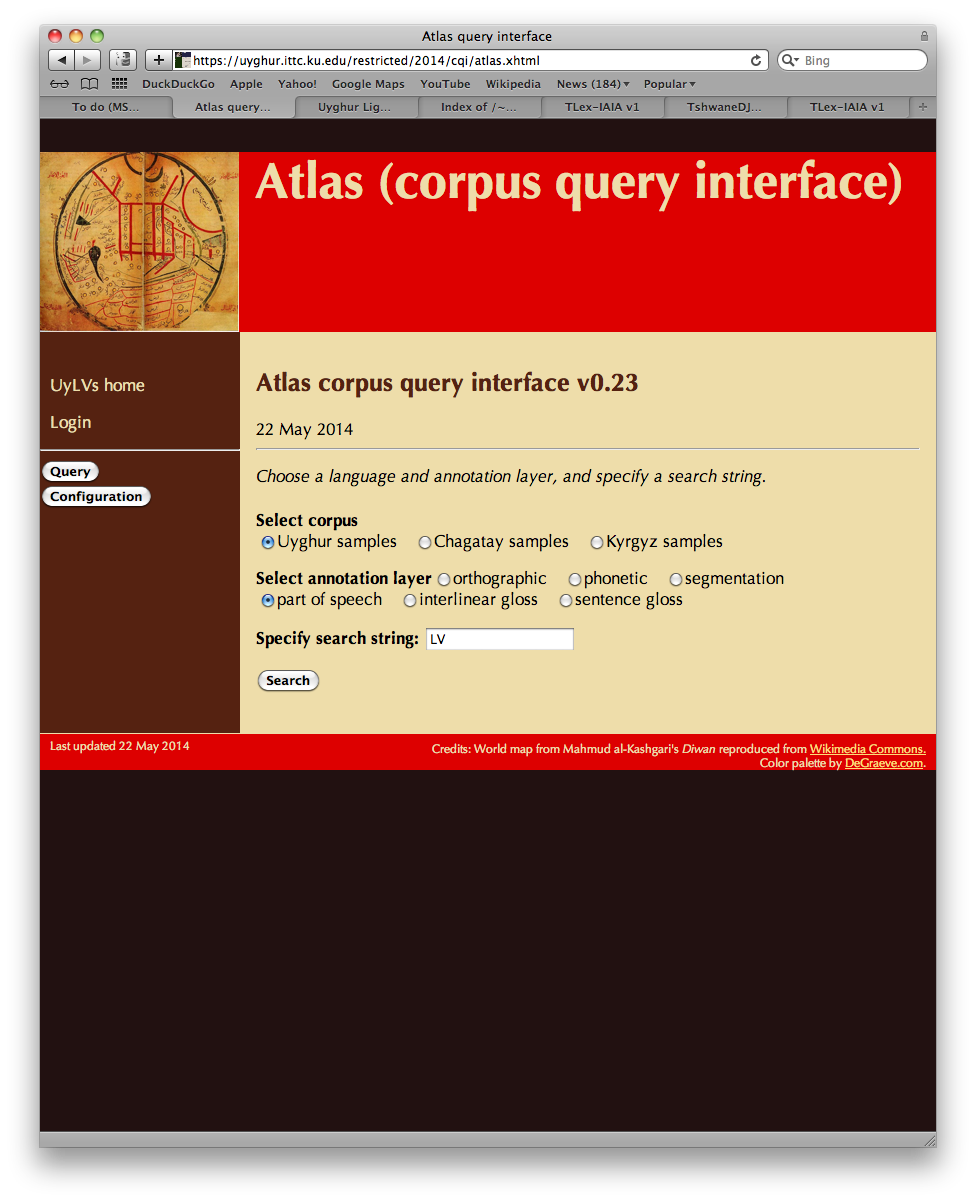 A Web form interface for searching the corpus, with radio buttons
to select corpus and annotation layer, and a text window for entering a string